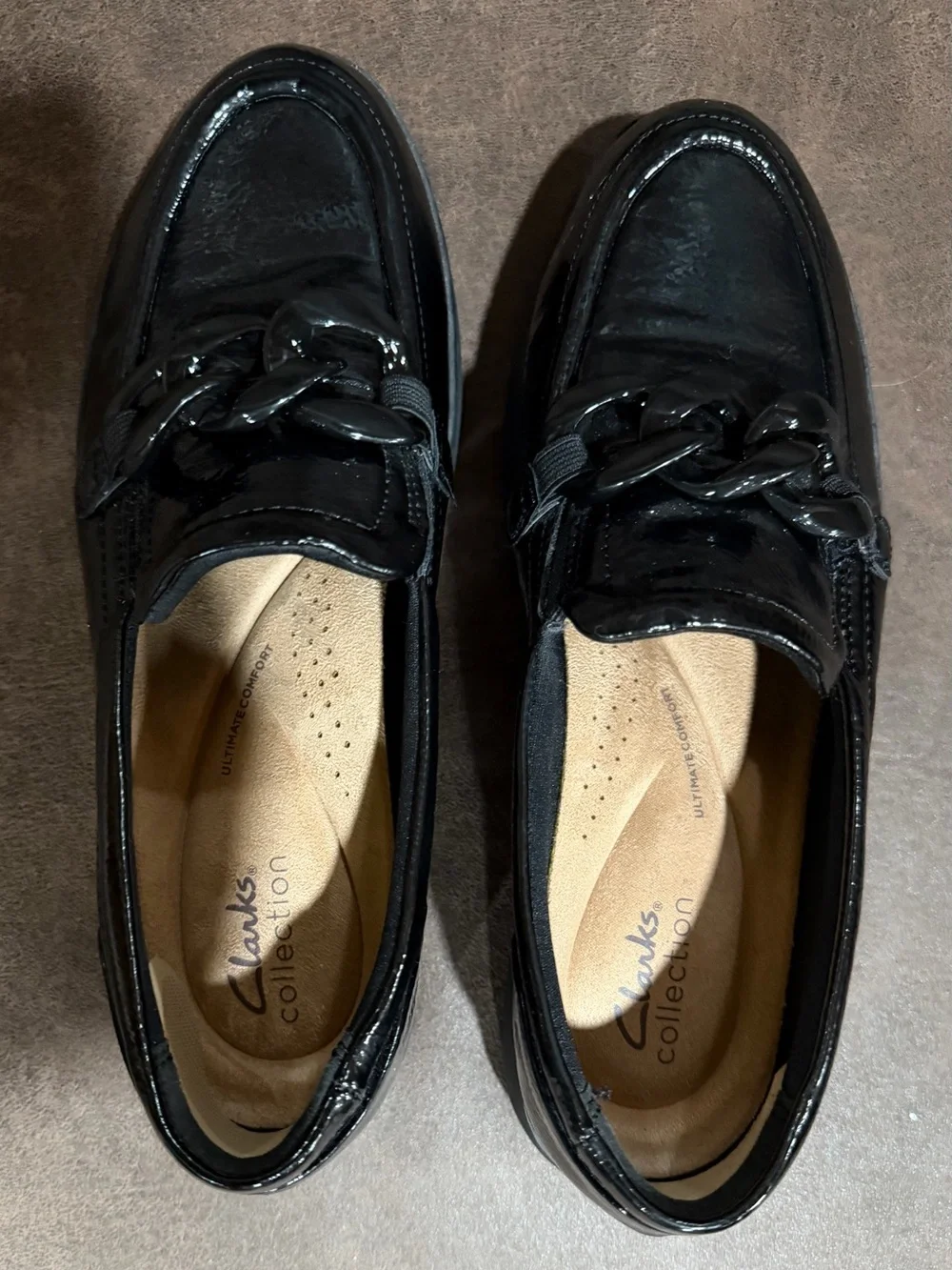 Clarks Collection Zylah May Black Crinkle Patent Chain Loafers